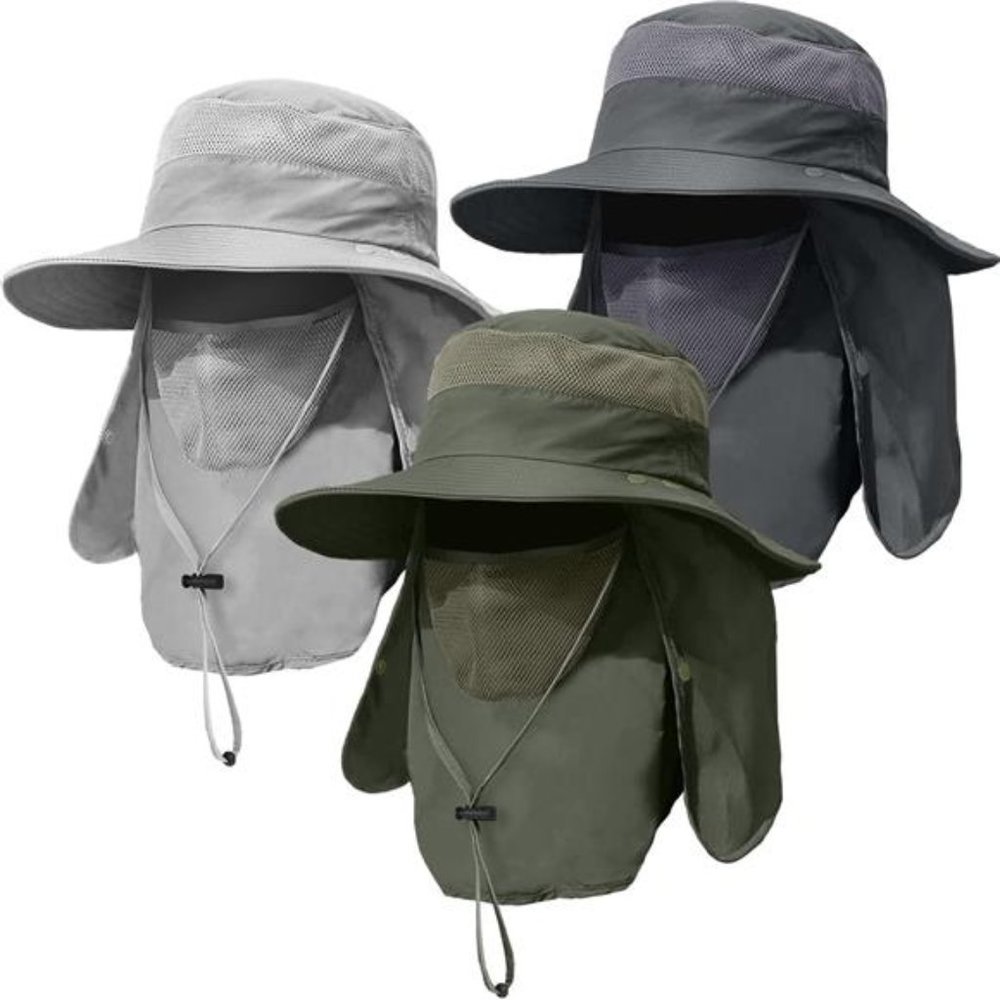 3 Pack Mens Outdoor Wide Brim Fishing Hat,UPF 50+ Sun Protection Cap with Flap